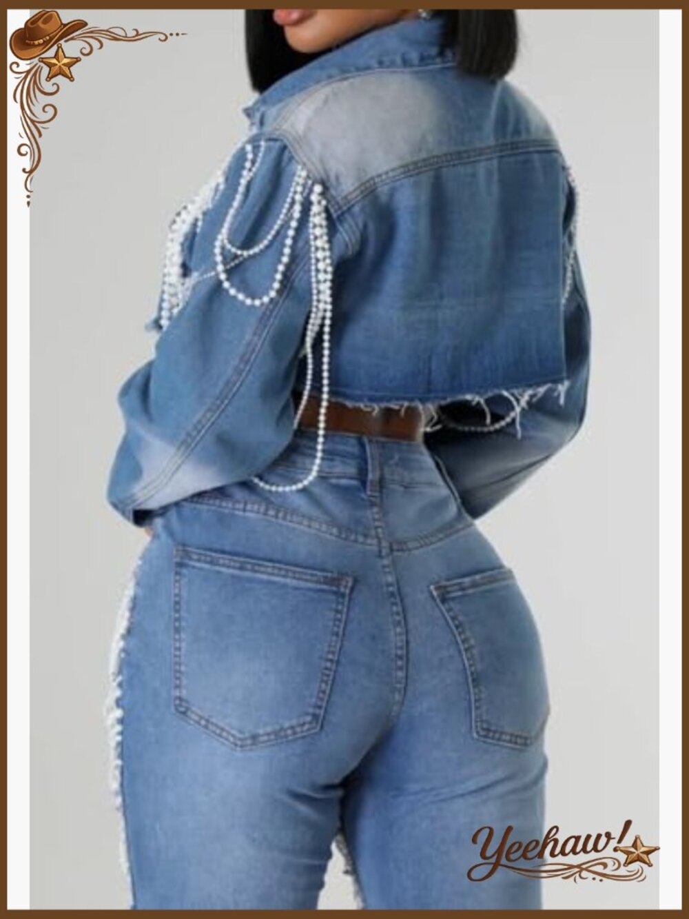 Cropped Denim Jacket Long Sleeve Trendy Pearl Distressed Crop Top Jean Jacket - Picture 4 of 6